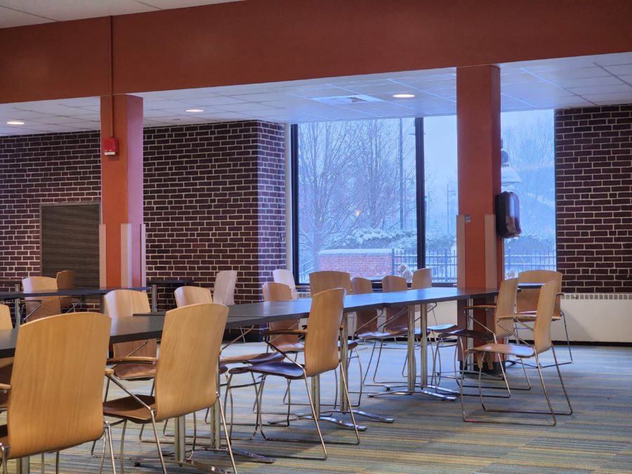 Inside of Holmes Dining Commons during a cozy little snowstorm