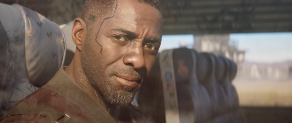 Idris Elba’s character Solomon Reed on a train, 2023,